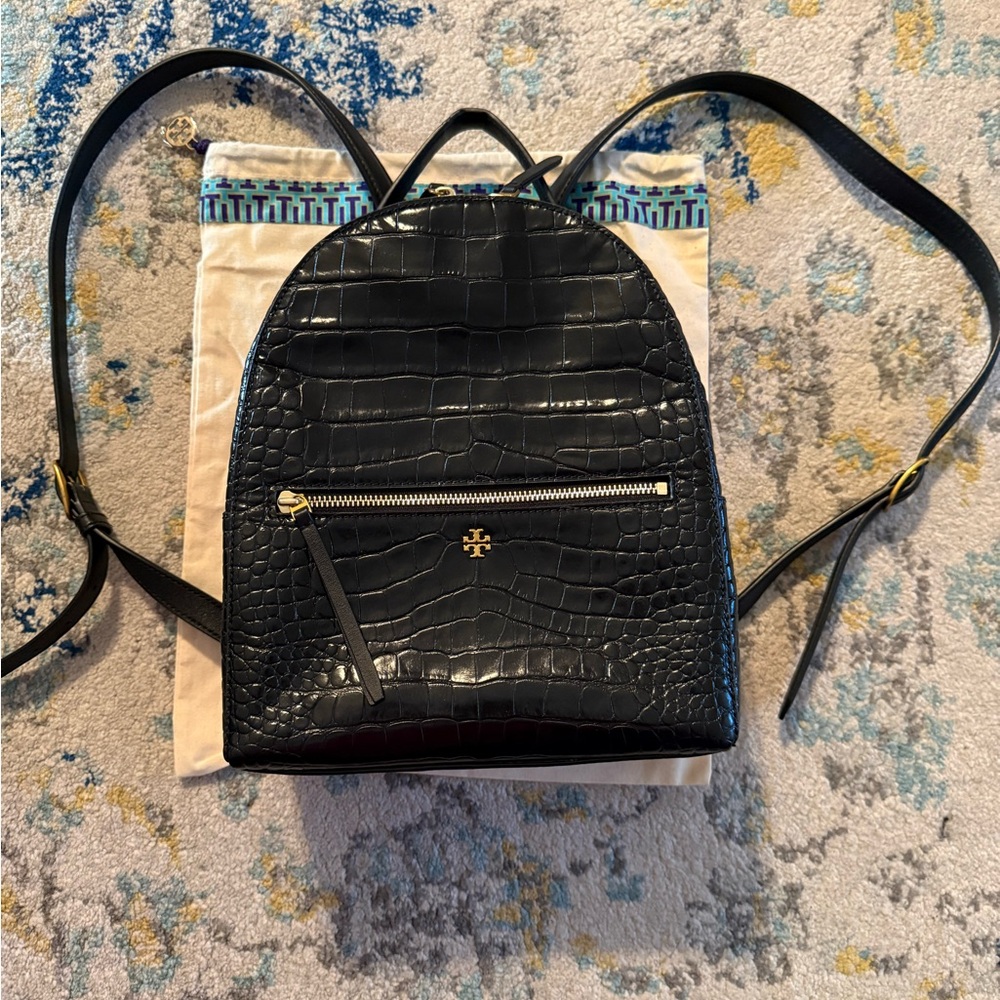 Tory Burch Black Croc-Embossed Backpack - Picture 1 of 7